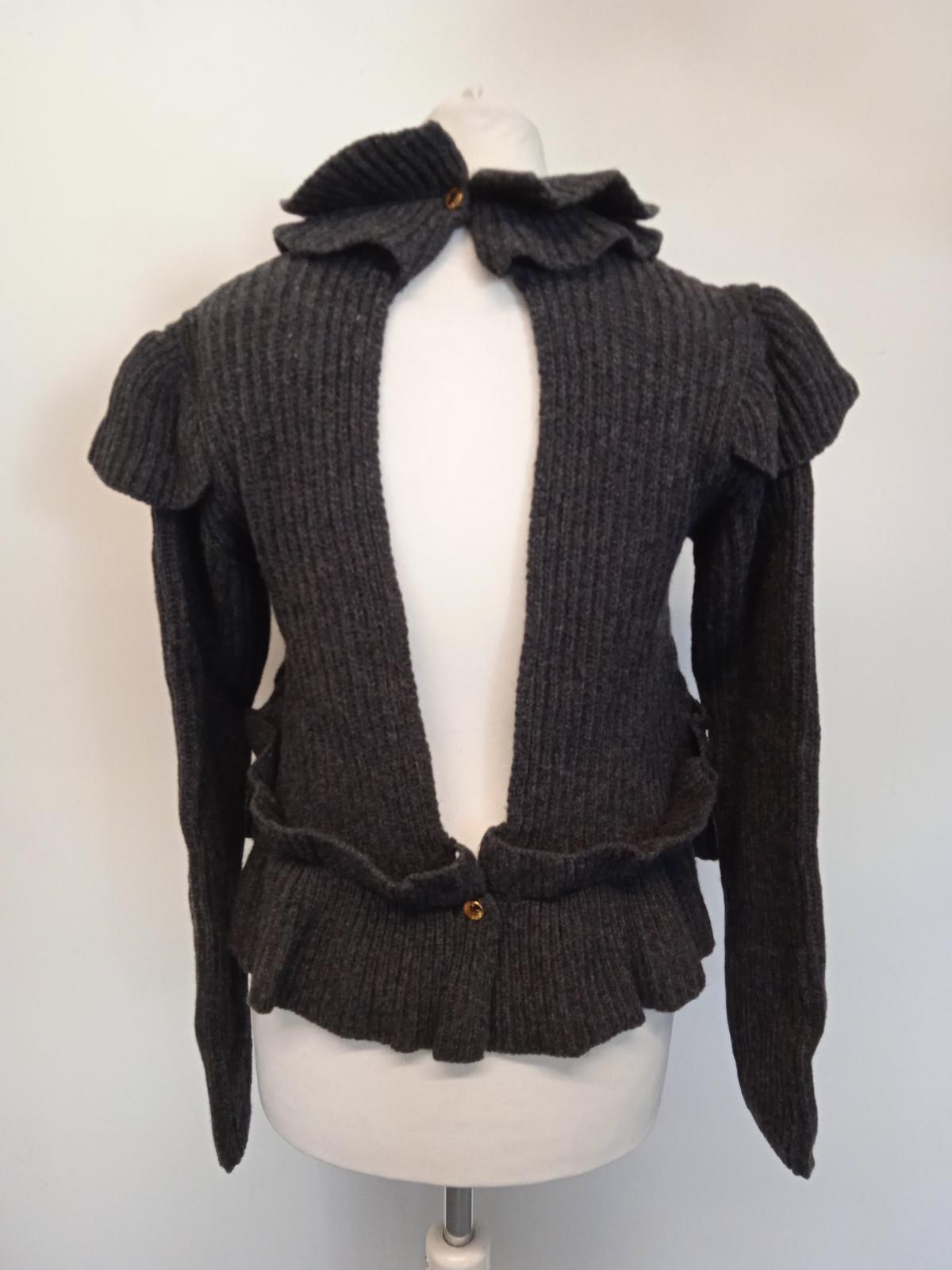 GANNI Ladies Charcoal Grey Wool Ribbed Open Back Ruffled Jumper Size XS NEW