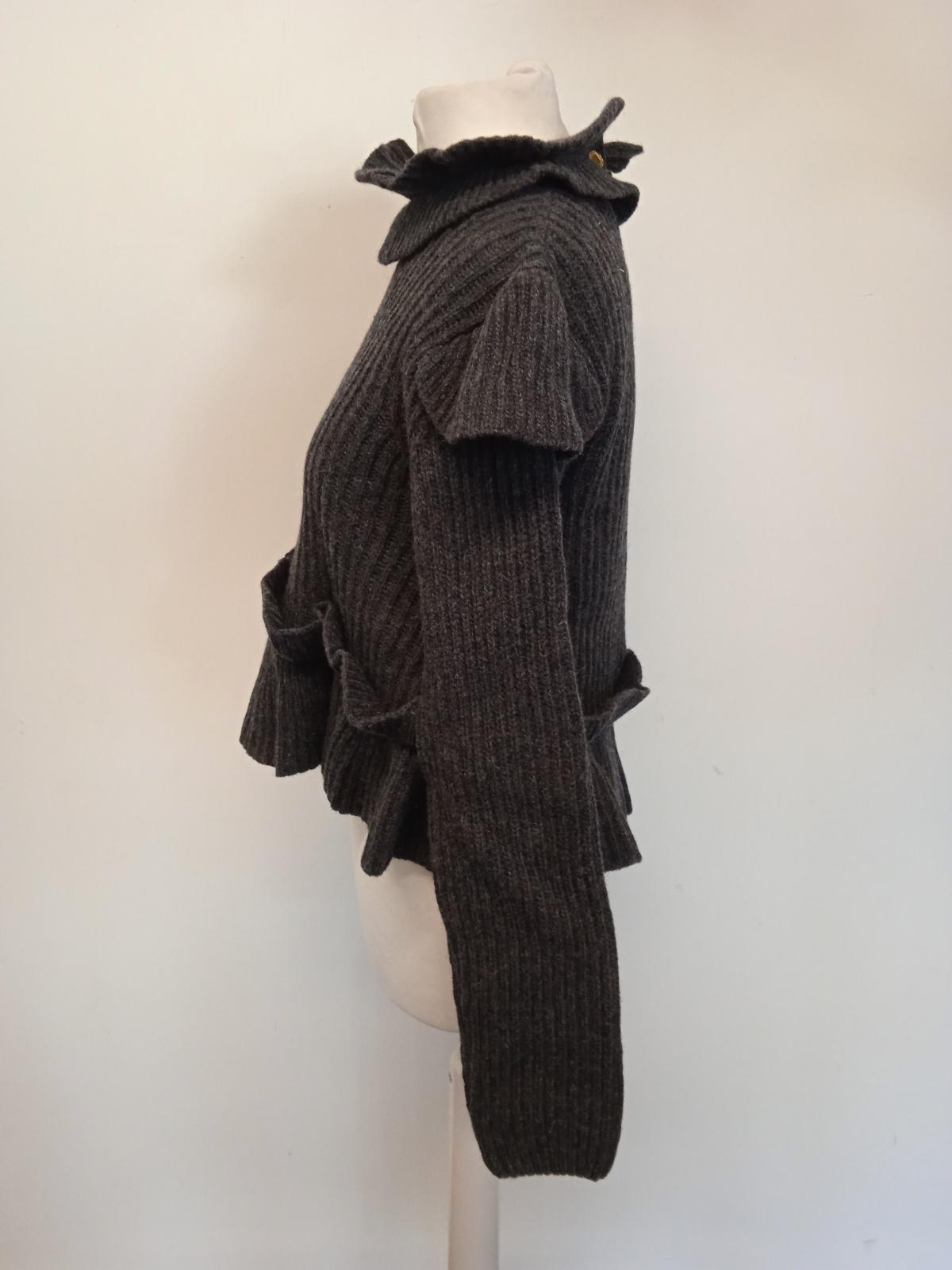 GANNI Ladies Charcoal Grey Wool Ribbed Open Back Ruffled Jumper Size XS NEW