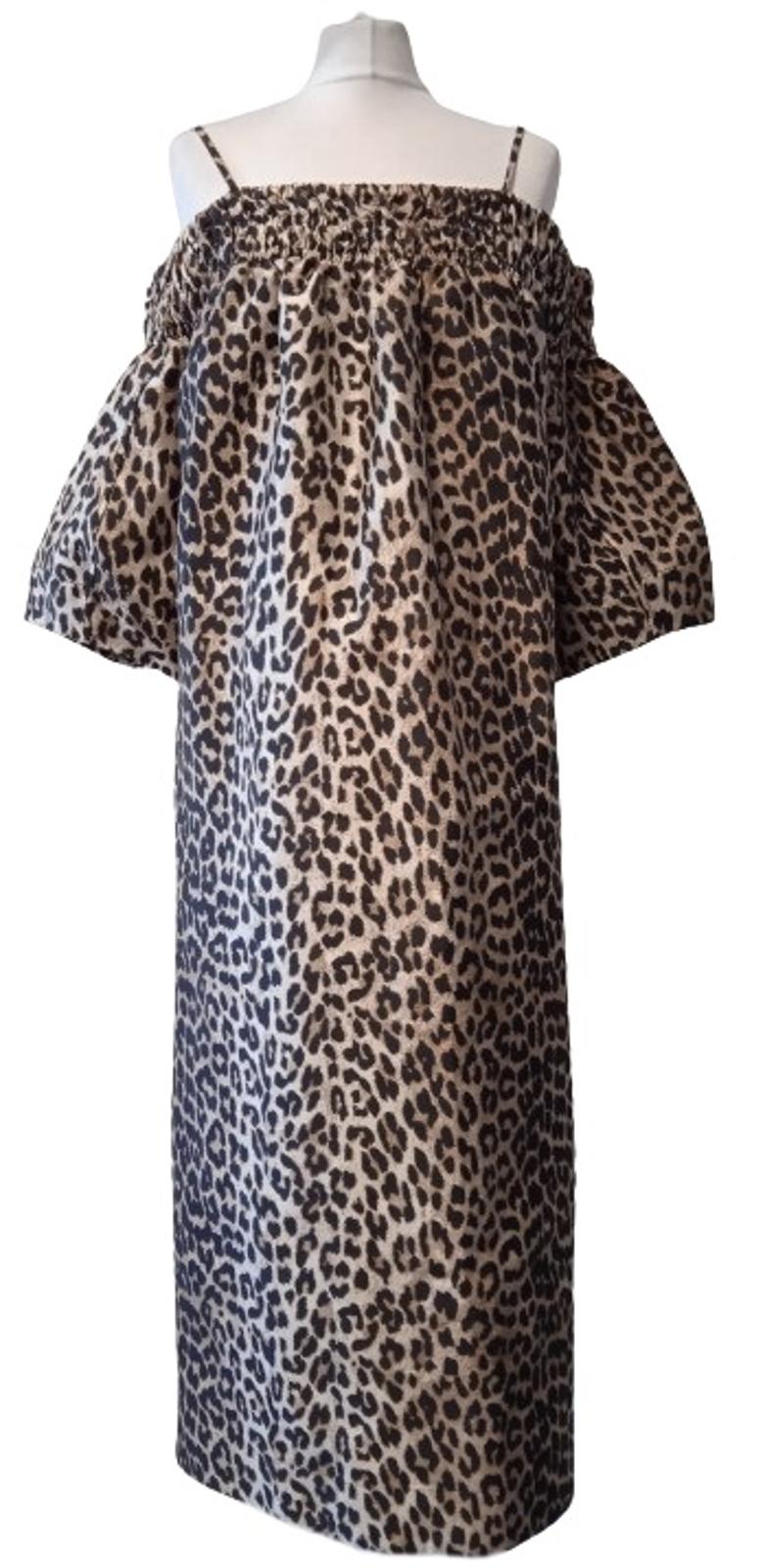 GANNI Ladies Brown & Black Leopard Jacquard Off Shoulder Midi Dress L/XL NEW