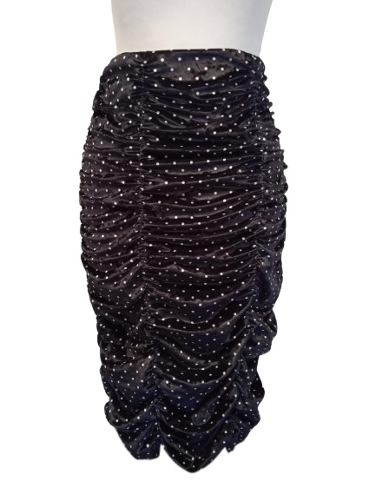 GANNI Ladies Black & White Polka Dot Ruched Velvet Pencil Skirt EU36 UK8 NEW