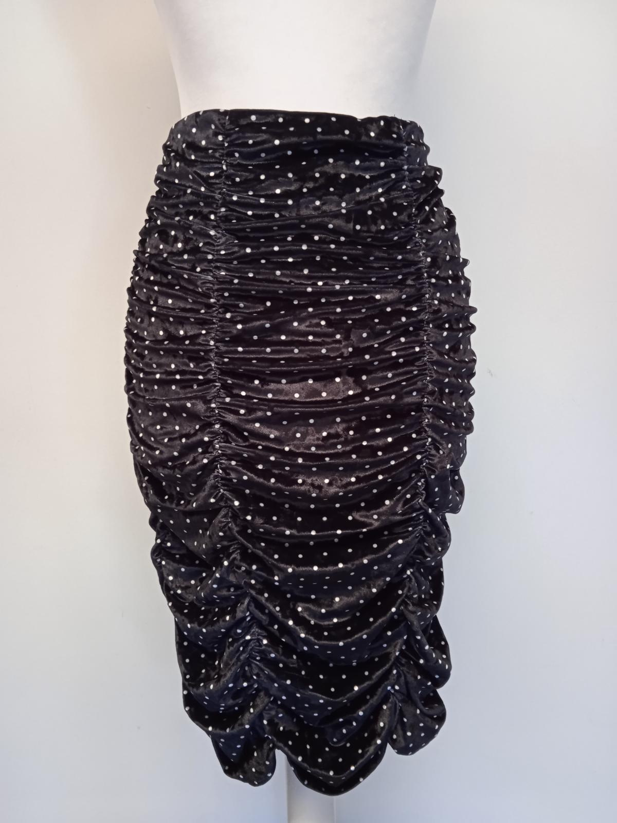 GANNI Ladies Black & White Polka Dot Ruched Velvet Pencil Skirt EU36 UK8 NEW