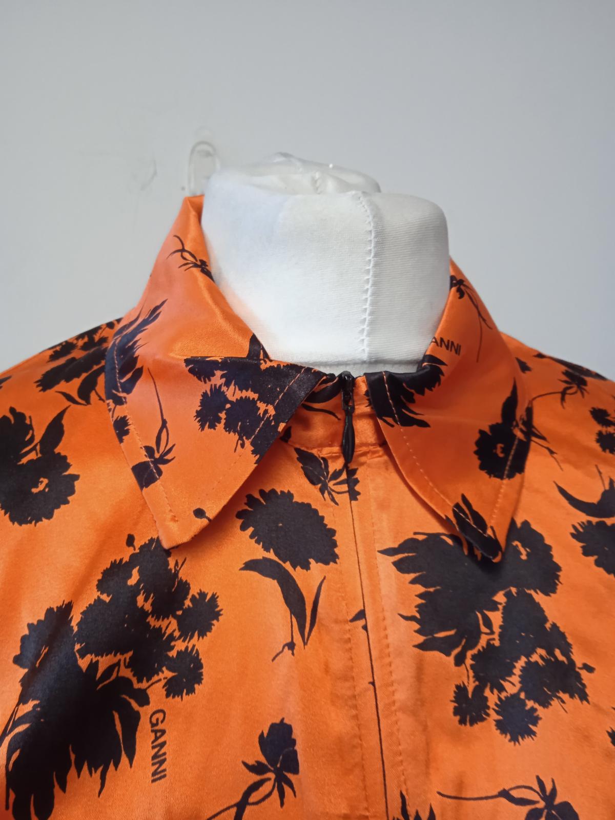 GANNI Ladies Orange Silk Blend Ruched Floral Print Fitted Dress EU36 UK8 NEW