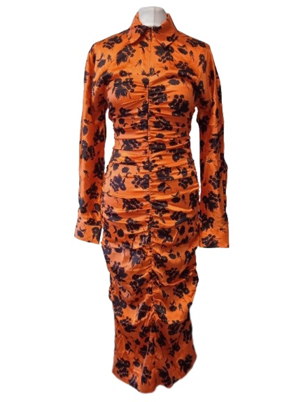 GANNI Ladies Orange Silk Blend Ruched Floral Print Fitted Dress EU40 UK12 NEW