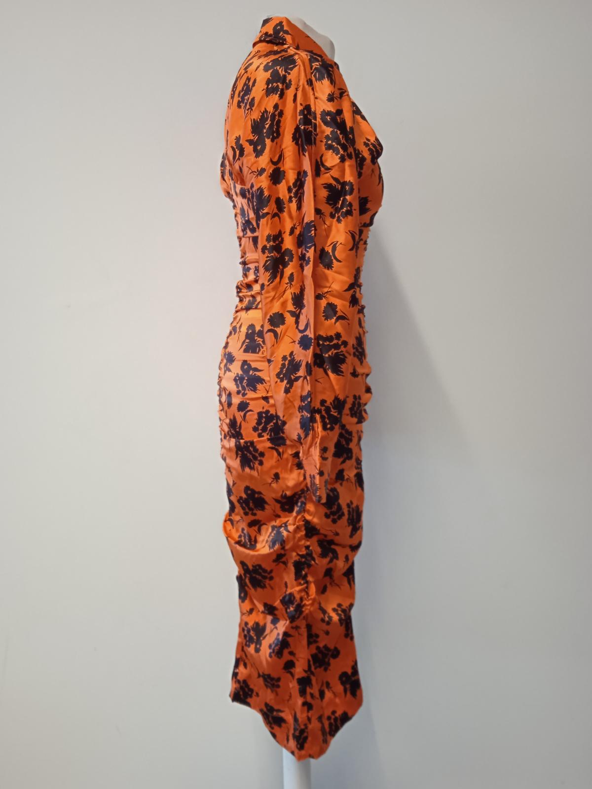 GANNI Ladies Orange Silk Blend Ruched Floral Print Fitted Dress EU40 UK12 NEW