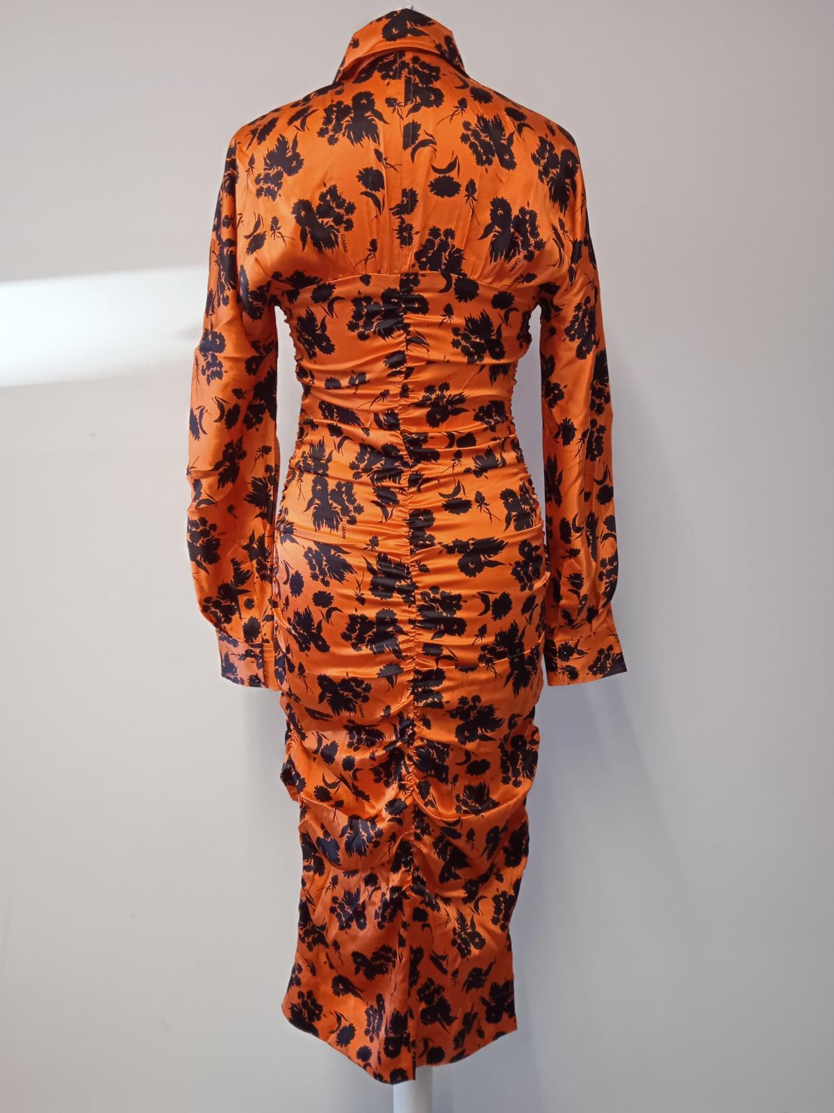 GANNI Ladies Orange Silk Blend Ruched Floral Print Fitted Dress EU40 UK12 NEW