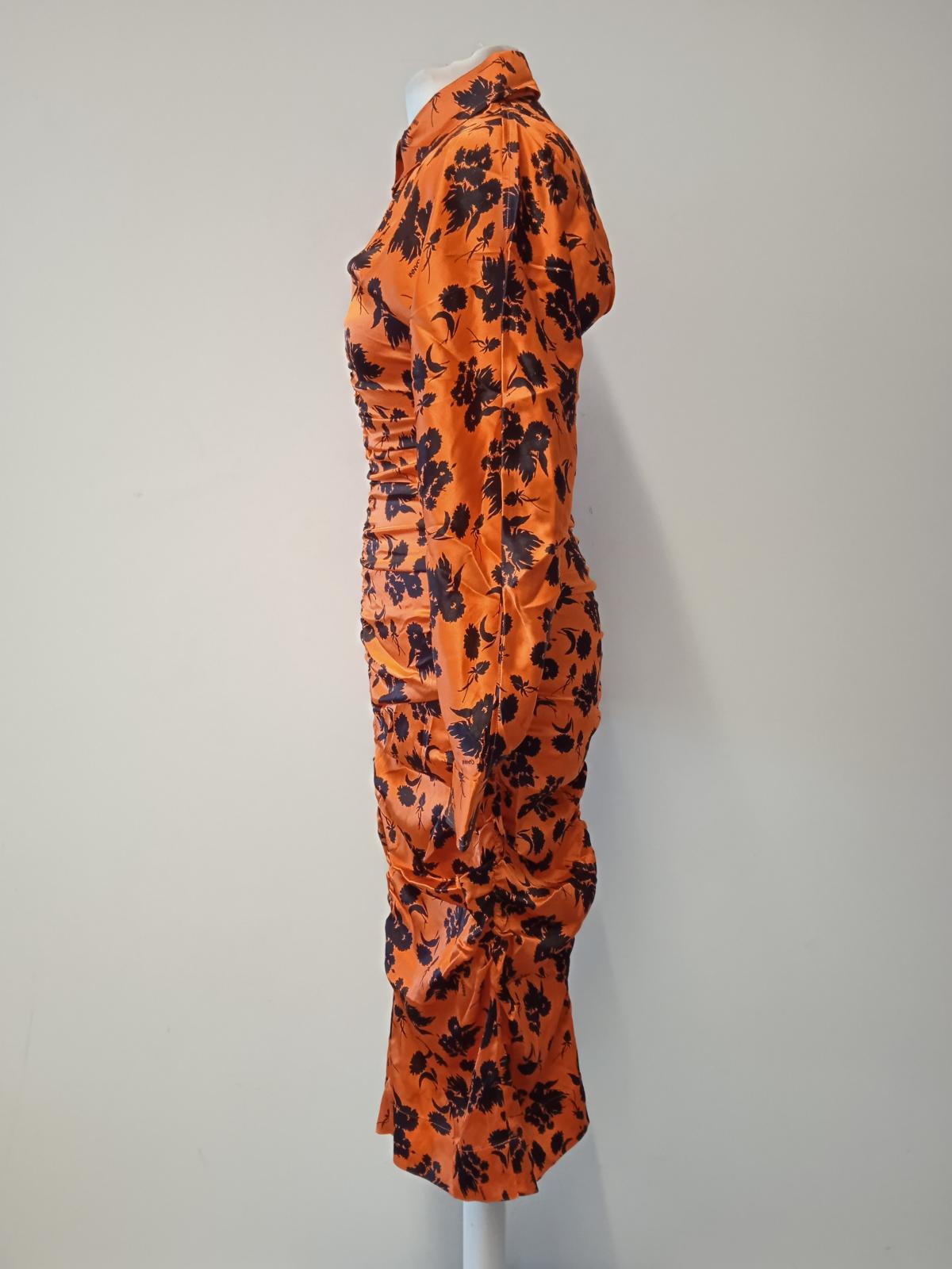 GANNI Ladies Orange Silk Blend Ruched Floral Print Fitted Dress EU40 UK12 NEW