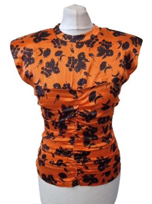 GANNI Ladies Orange Silk Ruched Floral Print Sleeveless Blouse EU36 UK8 NEW