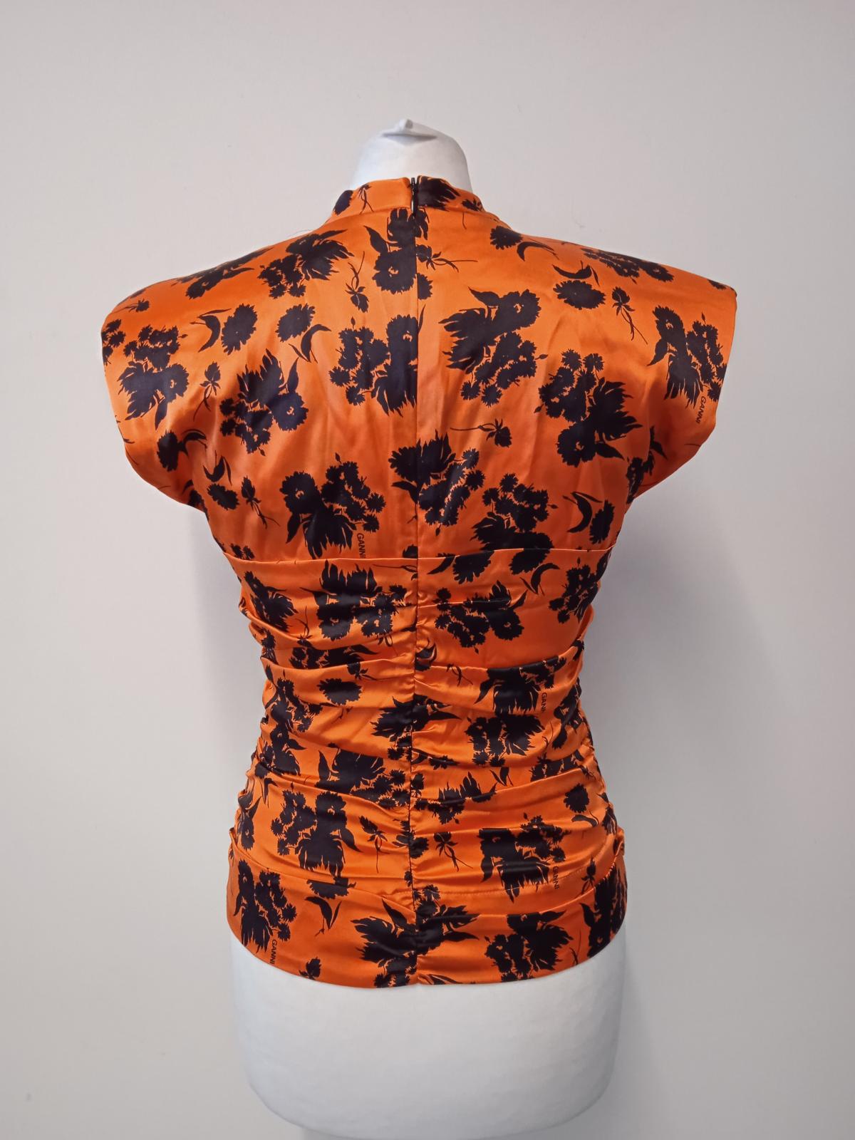 GANNI Ladies Orange Silk Ruched Floral Print Sleeveless Blouse EU36 UK8 NEW