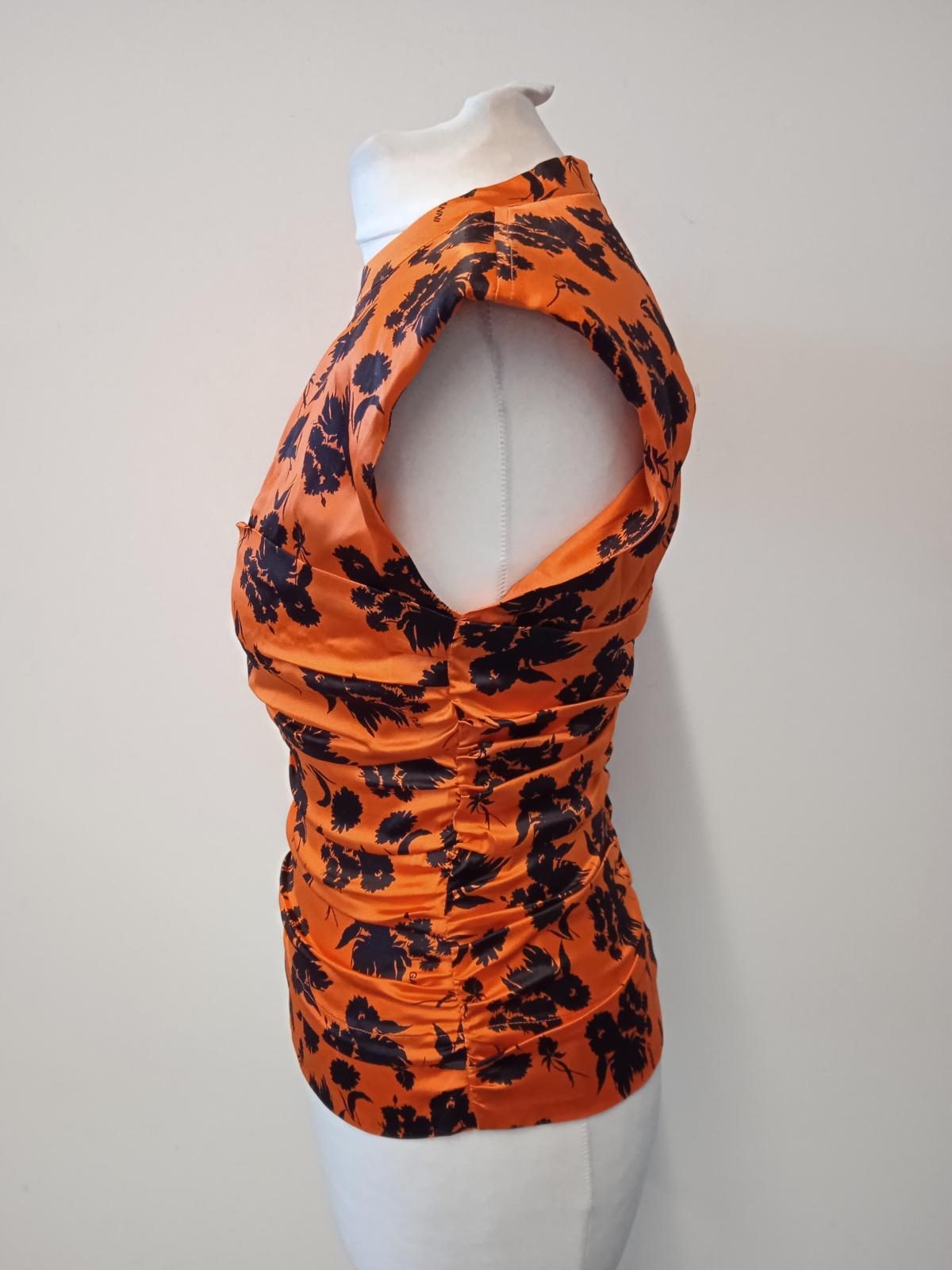 GANNI Ladies Orange Silk Ruched Floral Print Sleeveless Blouse EU36 UK8 NEW