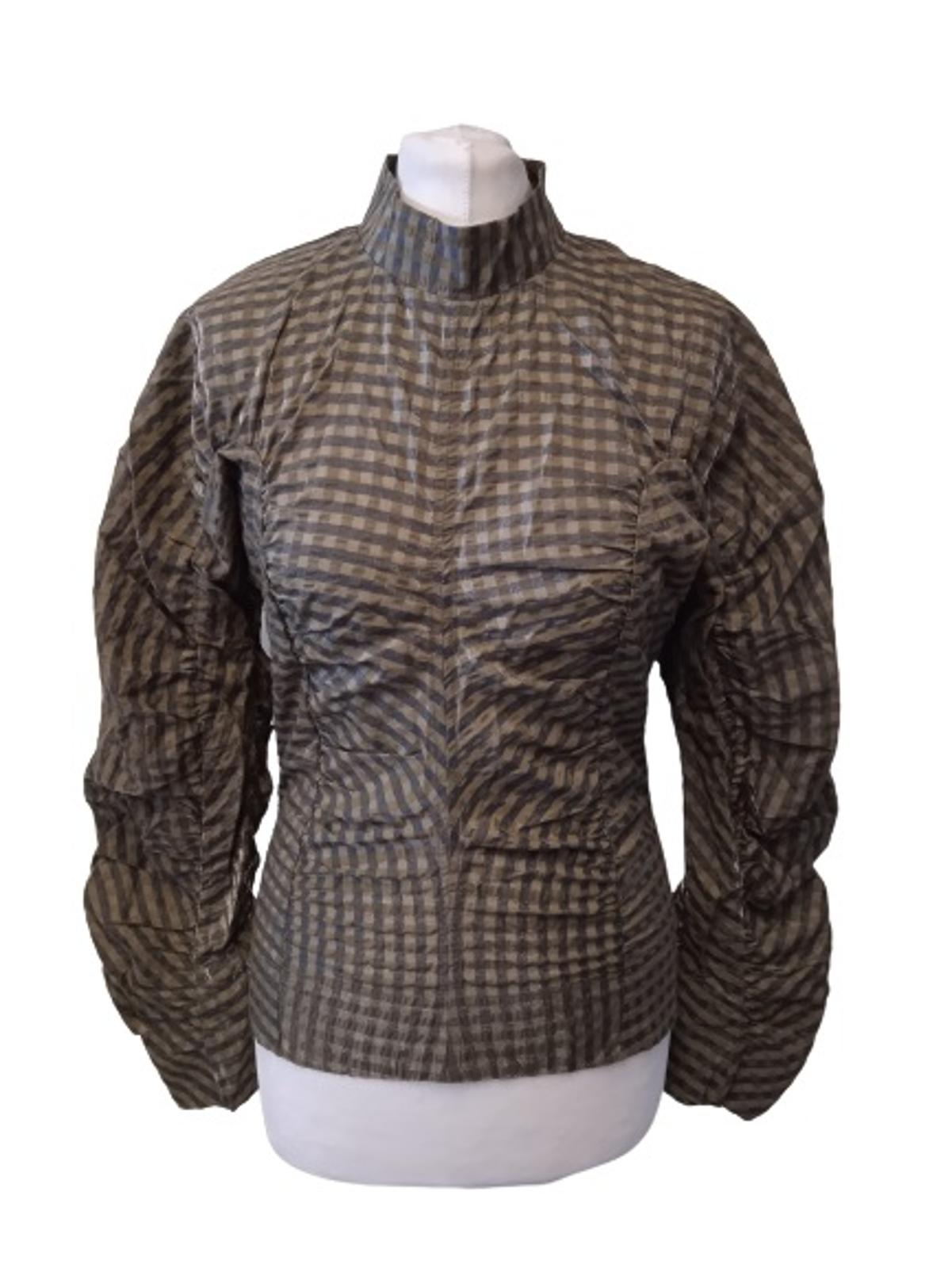 GANNI Ladies Green Cotton Blend Seersucker Check Blouse Top EU36 UK8 NEW