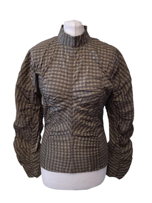 GANNI Ladies Green Cotton Blend Seersucker Check Blouse Top EU36 UK8 NEW