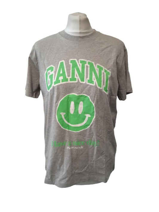 GANNI Ladies Grey Cotton Blend Short Sleeve Smiley Logo T-Shirt Size XS NEW
