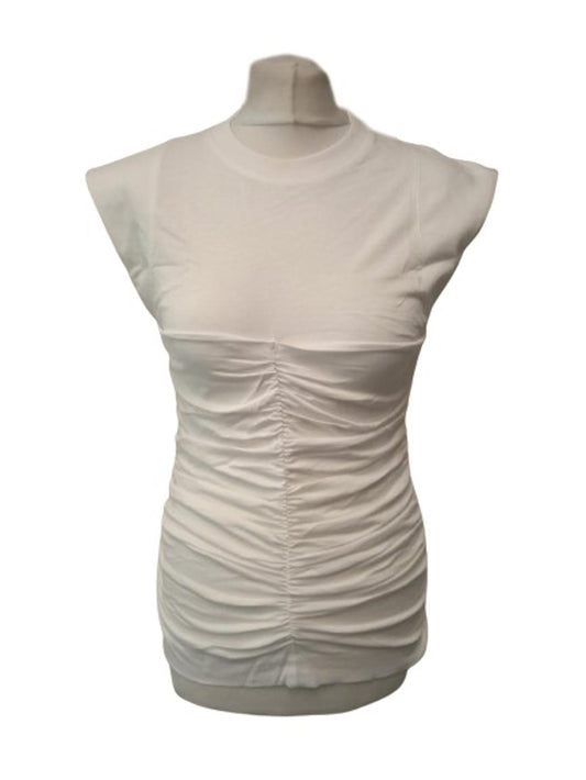 GANNI Ladies White Cotton Slim Fit Ruched Sleeveless Tank Top Size M NEW