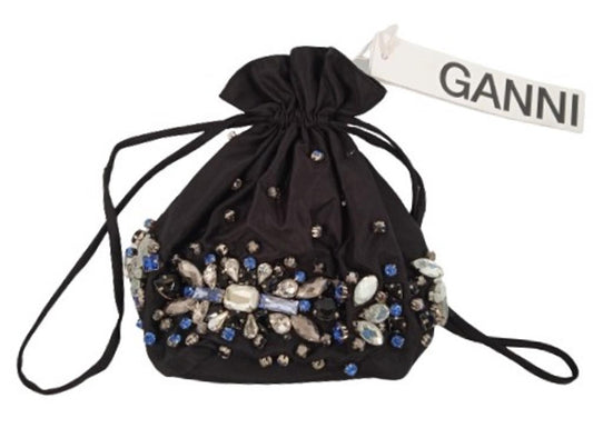 GANNI Ladies Black Crystal Embellished Drawstring Bucket Bag One Size NEW