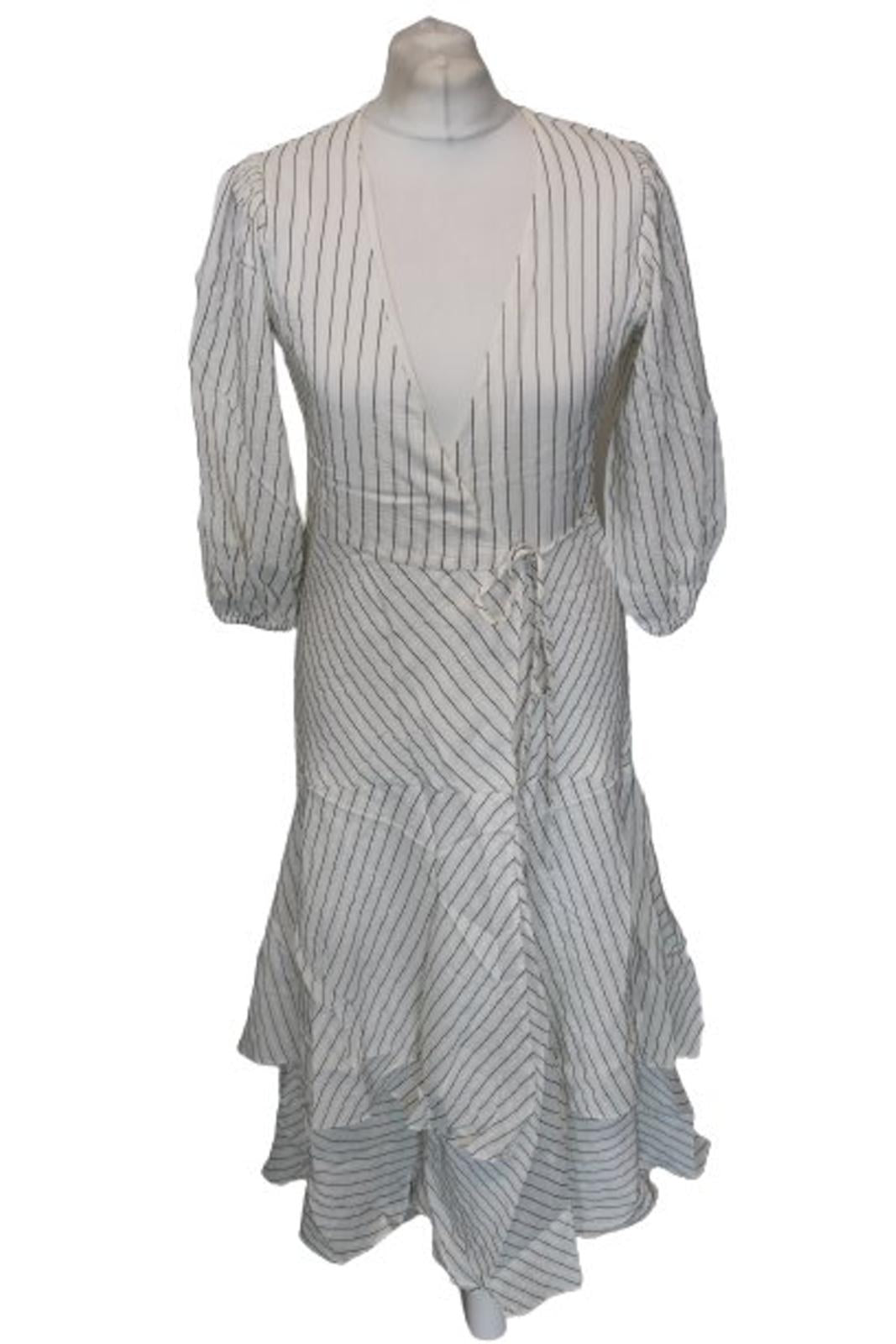 GANNI Ladies White Silk Striped Half Sleeve Hi-Low Wrap Dress EU36 UK8 NEW