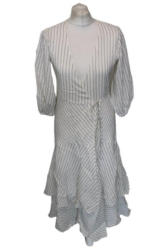 GANNI Ladies White Silk Striped Half Sleeve Hi-Low Wrap Dress EU36 UK8 NEW