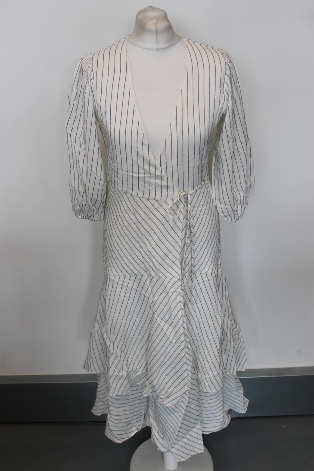 GANNI Ladies White Silk Striped Half Sleeve Hi-Low Wrap Dress EU36 UK8 NEW