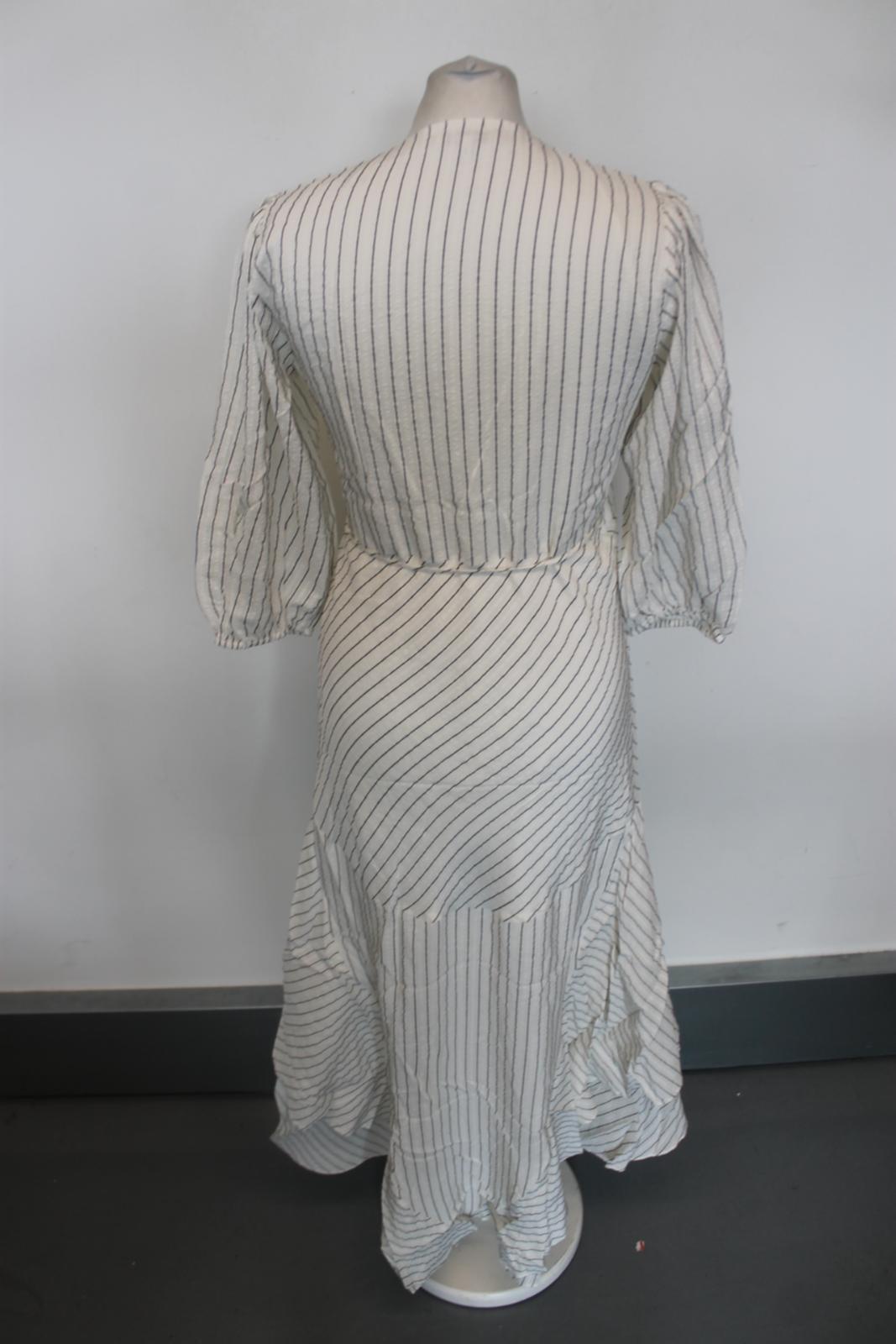GANNI Ladies White Silk Striped Half Sleeve Hi-Low Wrap Dress EU36 UK8 NEW