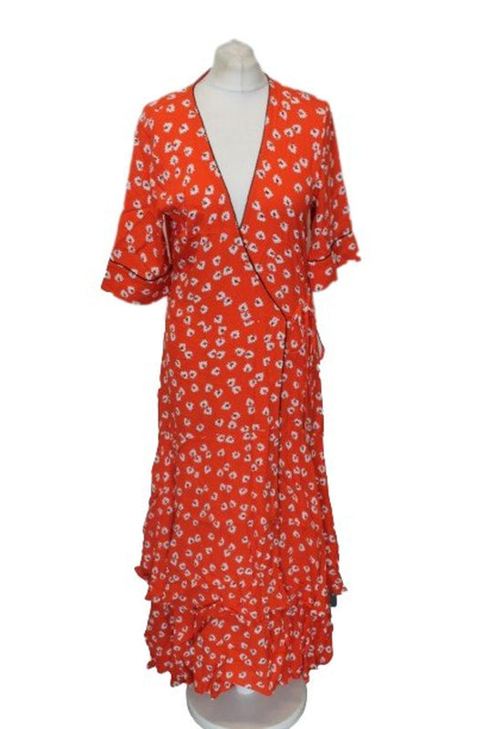 GANNI Ladies Red floral Short Sleeve Hi-Low Wrap Dress EU40 UK12 NEW