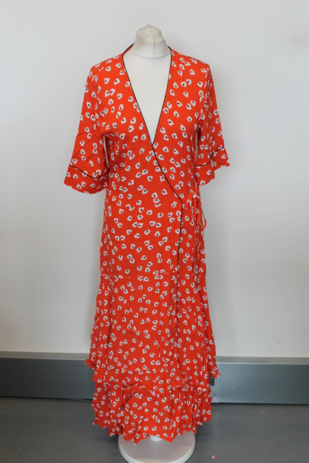 GANNI Ladies Red floral Short Sleeve Hi-Low Wrap Dress EU40 UK12 NEW