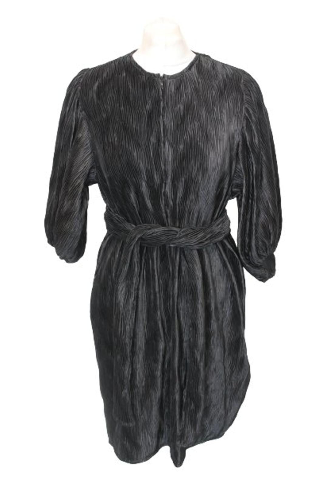 GANNI Ladies Black Pleated Puff Sleeve Tie Waist Knee Length Dress EU34 UK6 BNWT