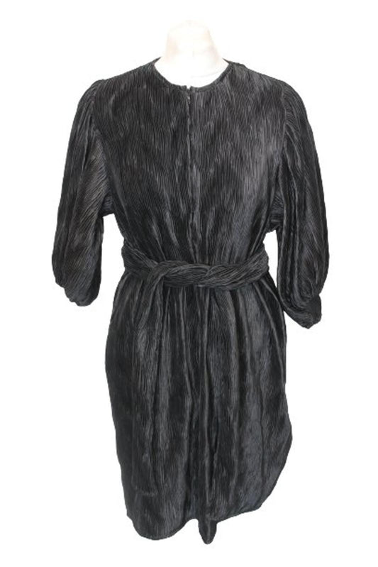 GANNI Ladies Black Pleated Puff Sleeve Tie Waist Knee Length Dress EU34 UK6 BNWT