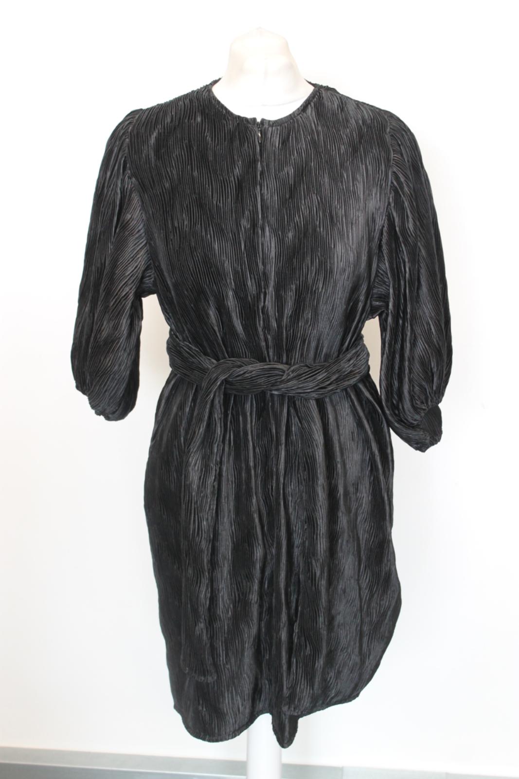 GANNI Ladies Black Pleated Puff Sleeve Tie Waist Knee Length Dress EU34 UK6 BNWT