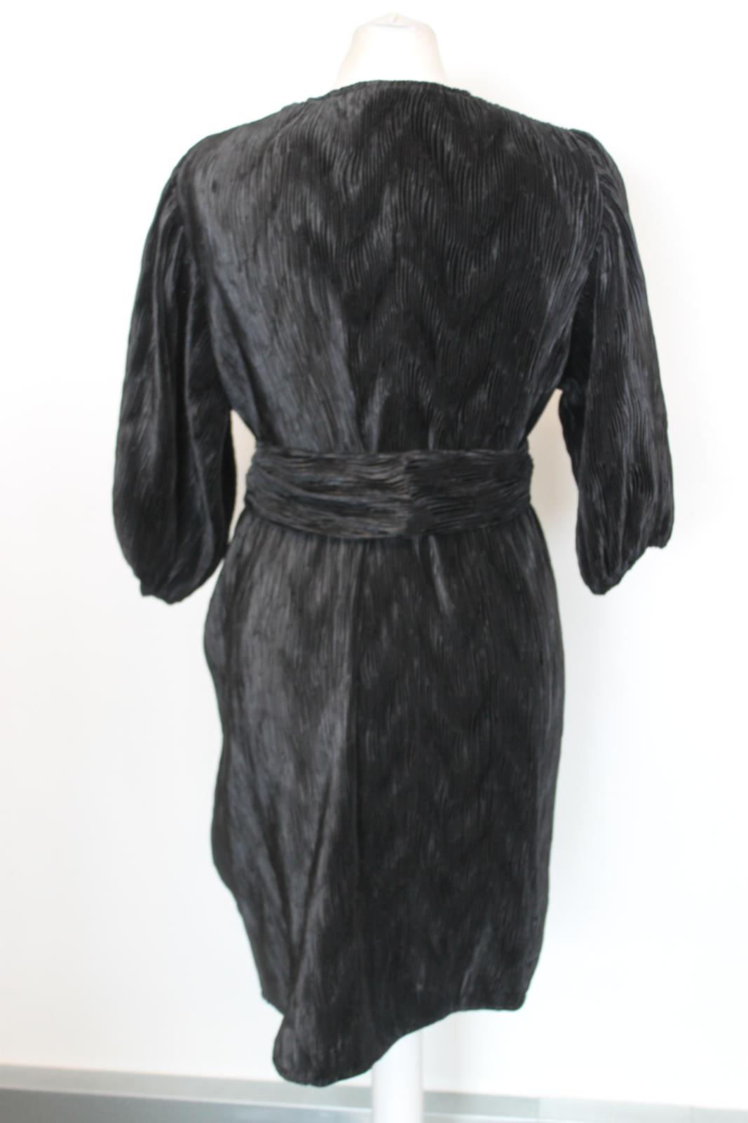 GANNI Ladies Black Pleated Puff Sleeve Tie Waist Knee Length Dress EU34 UK6 BNWT