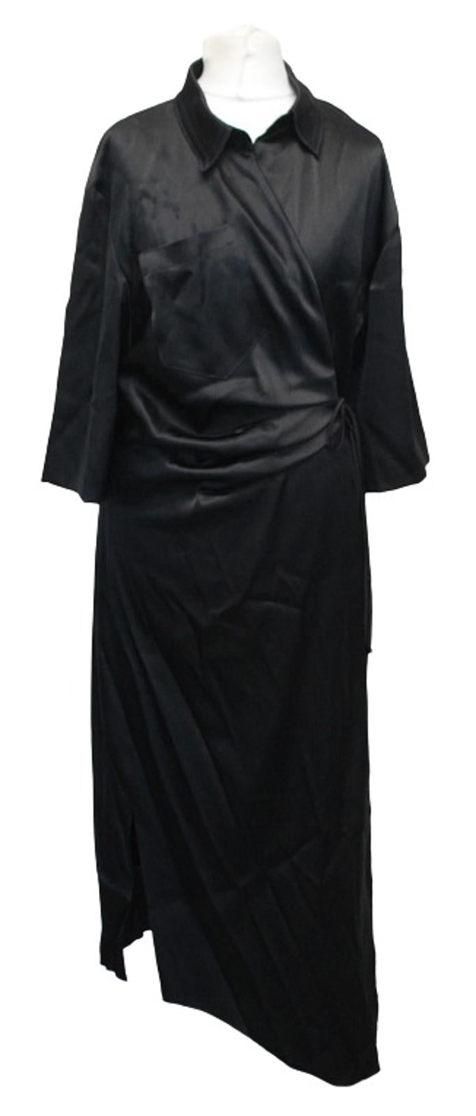 NANUSHKA Ladies Black Lais Satin Draped Front Wrap Midi Shirt Dress M NEW