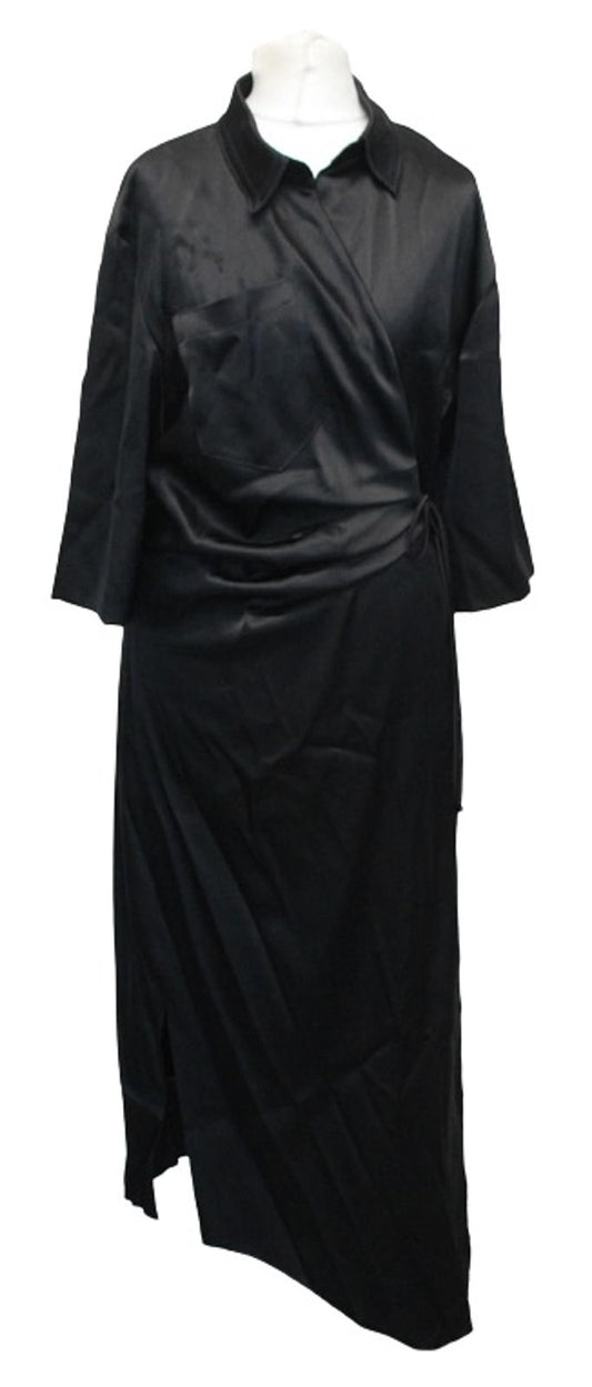 NANUSHKA Ladies Black Lais Satin Draped Front Wrap Midi Shirt Dress M NEW