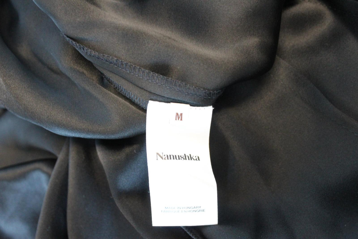 NANUSHKA Ladies Black Lais Satin Draped Front Wrap Midi Shirt Dress M NEW