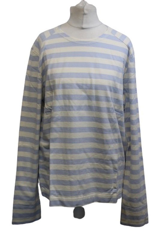 GANNI Ladies White & Heather Blue Striped Cotton Jersey Pullover Top L BNWT