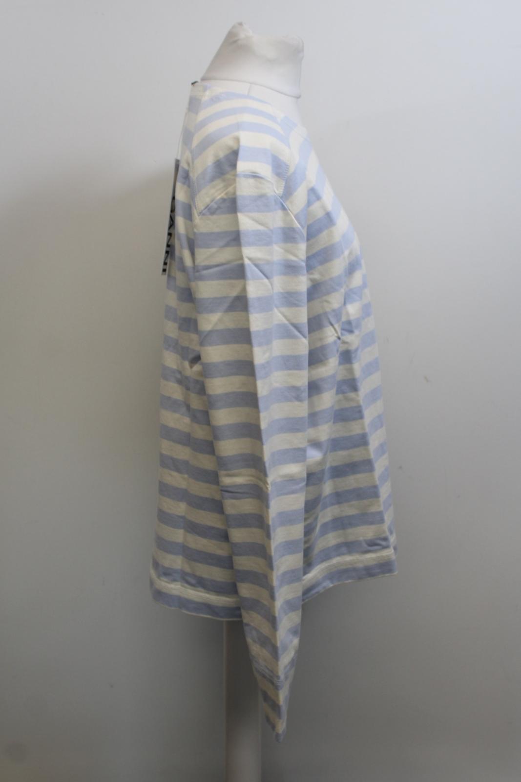 GANNI Ladies White & Heather Blue Striped Cotton Jersey Pullover Top L BNWT