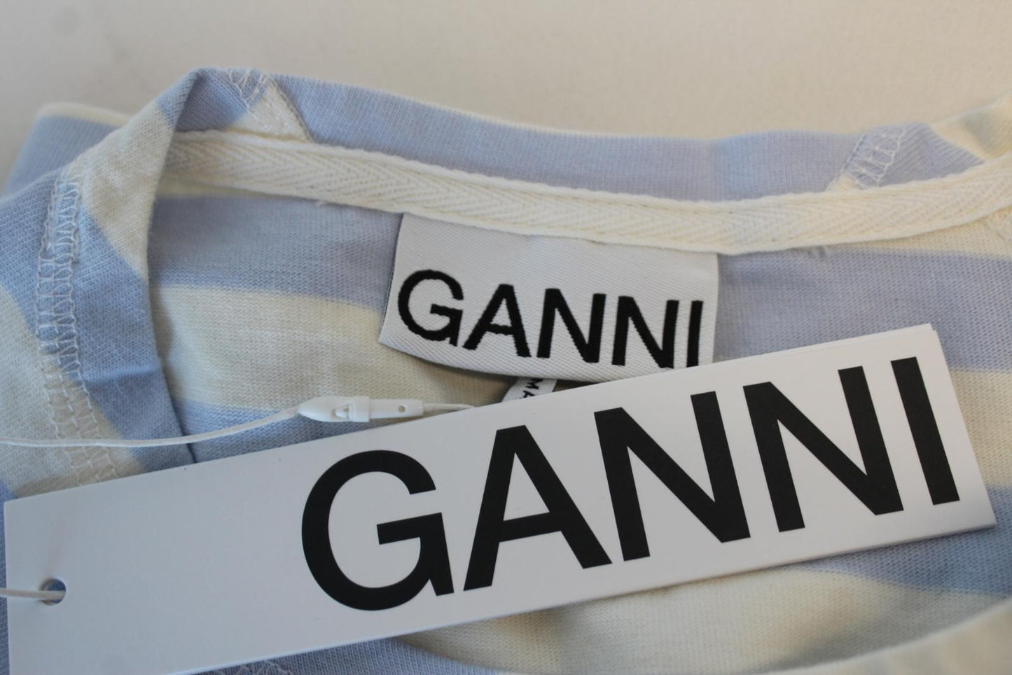 GANNI Ladies White & Heather Blue Striped Cotton Jersey Pullover Top L BNWT