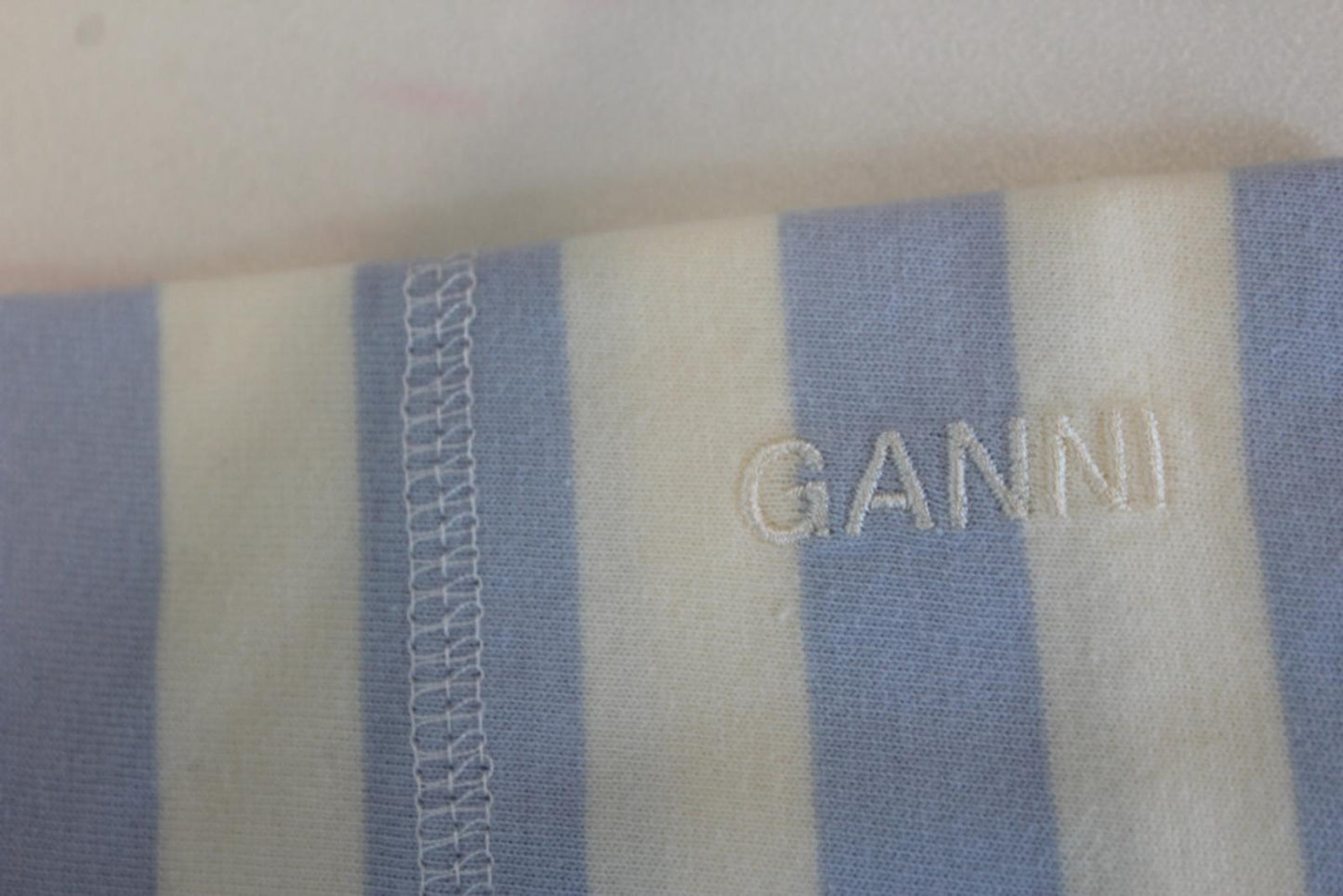 GANNI Ladies White & Heather Blue Striped Cotton Jersey Pullover Top L BNWT
