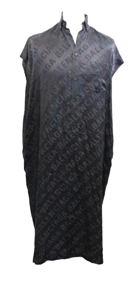 BALENCIAGA Ladies Black Logo Rawcut Silk Oversized Midi Shirt Dress FR32 UK4 NEW
