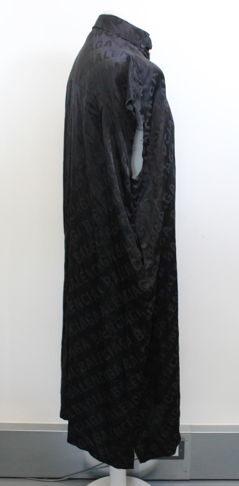 BALENCIAGA Ladies Black Logo Rawcut Silk Oversized Midi Shirt Dress FR32 UK4 NEW