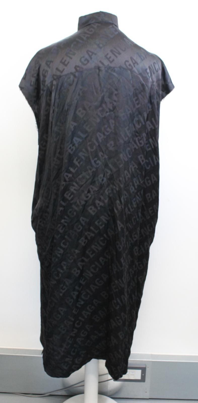 BALENCIAGA Ladies Black Logo Rawcut Silk Oversized Midi Shirt Dress FR32 UK4 NEW