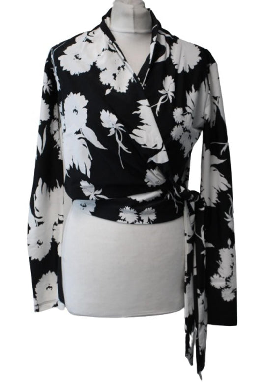GANNI Ladies Black & White Floral Print Alameda Wrap Top Size 36 UK8 NEW