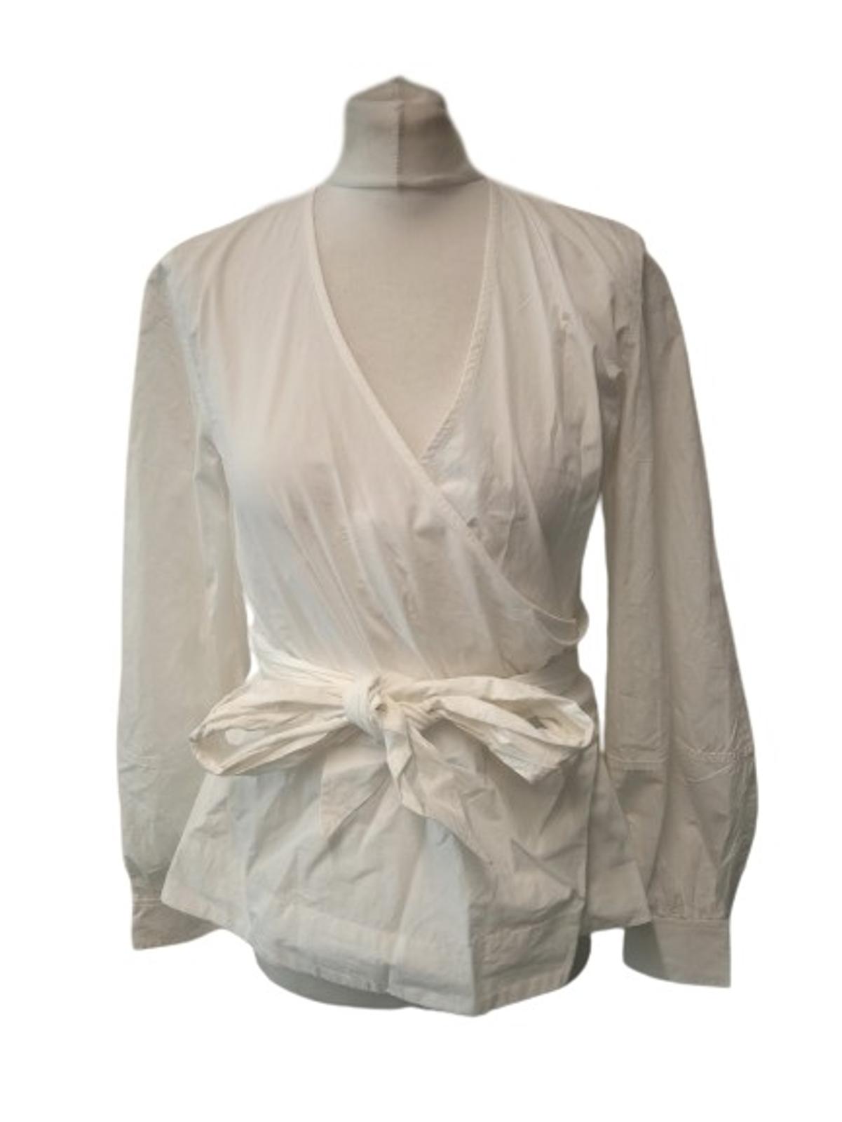 GANNI Ladies Bright White Cotton V-Neck Tie Waist Blouse Size FR36 UK8 NEW