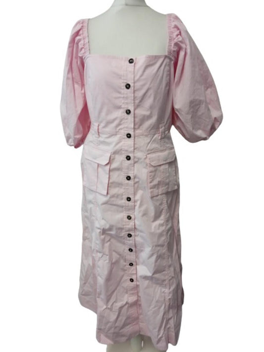 GANNI Ladies Pink Cotton Short Sleeve Sqaure Neck Maxi Dress Size UK L NEW