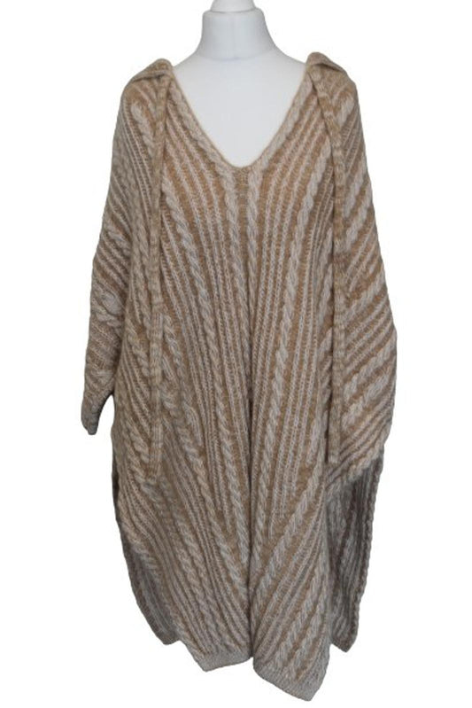 CHLOE Ladies Sandy Beige Striped Knit Poncho Hoodie Size S BNWT