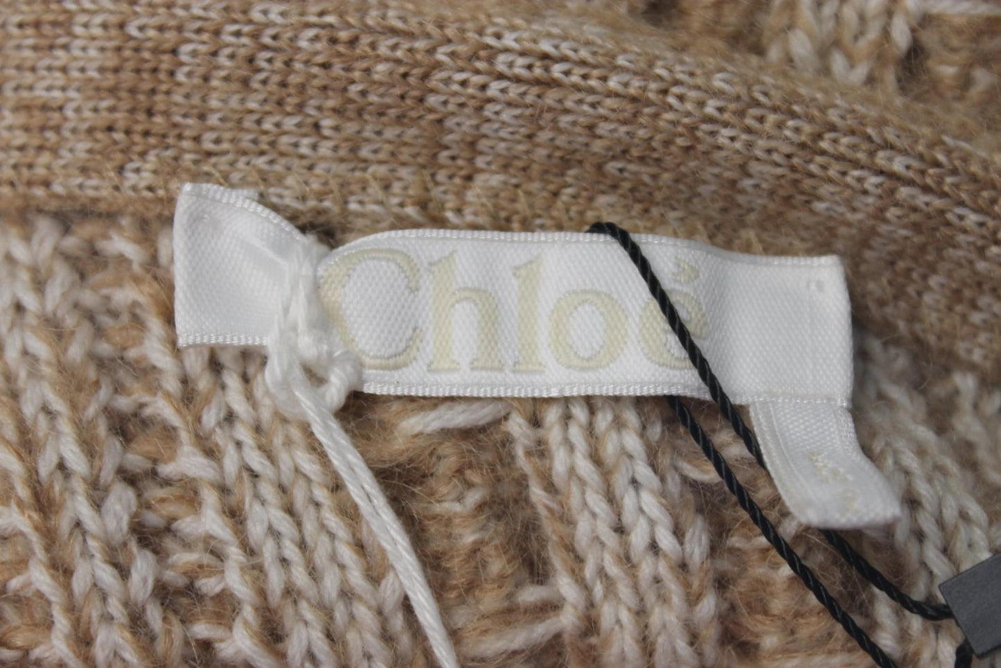 CHLOE Ladies Sandy Beige Striped Knit Poncho Hoodie Size S BNWT