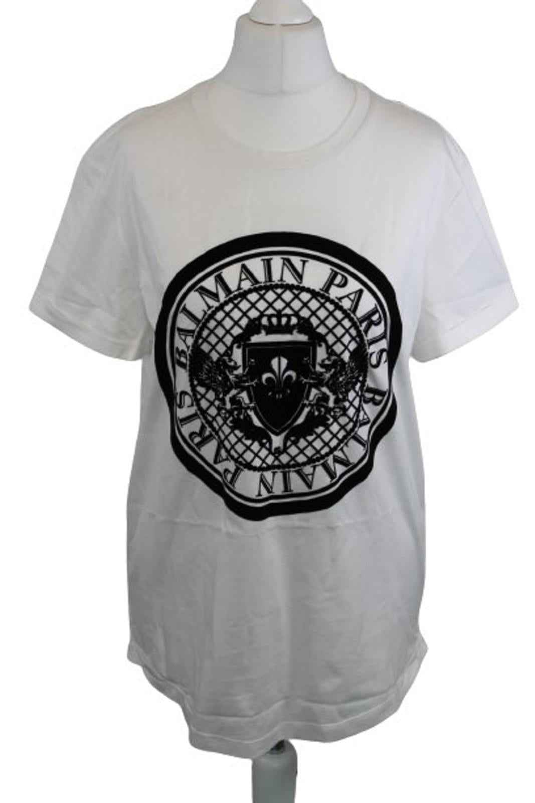 BALMAIN Ladies White Cotton Short Sleeve Logo Print T-Shirt Size S NEW