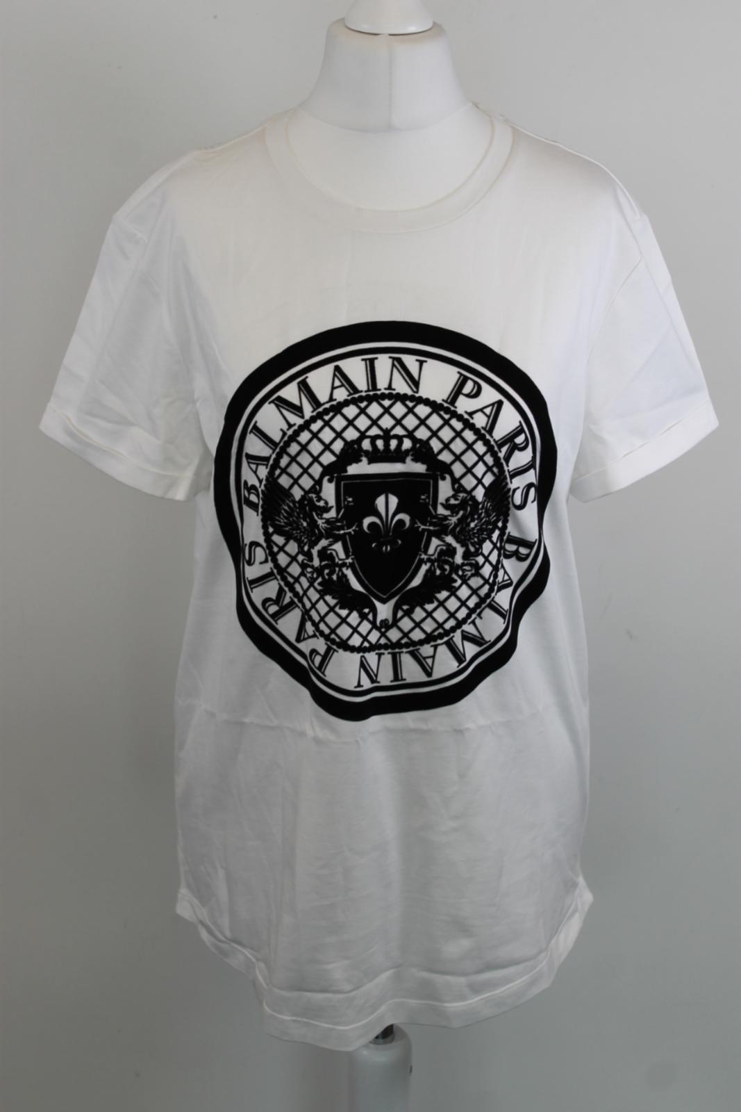 BALMAIN Ladies White Cotton Short Sleeve Logo Print T-Shirt Size S NEW