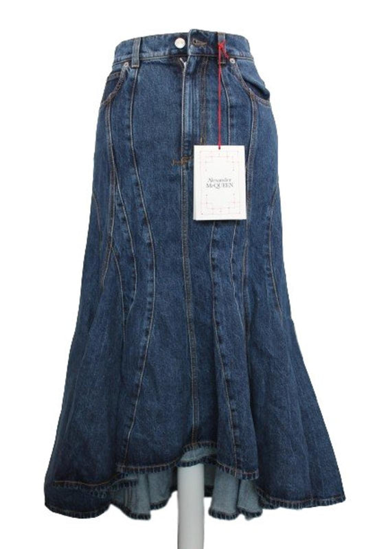 ALEXANDER MCQUEEN Ladies Blue Denim Long Hi-Low Jean Skirt EU32 UK4 BNWT