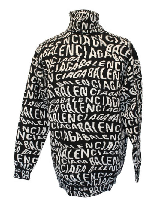 BALENCIAGA Men's Black White All Over Logo Details Turtleneck Wool Jumper S BNWT