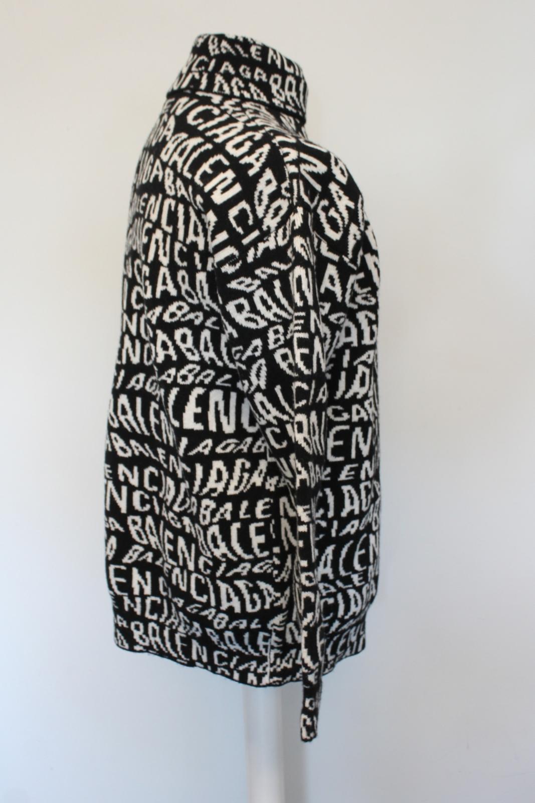 BALENCIAGA Men's Black White All Over Logo Details Turtleneck Wool Jumper S BNWT