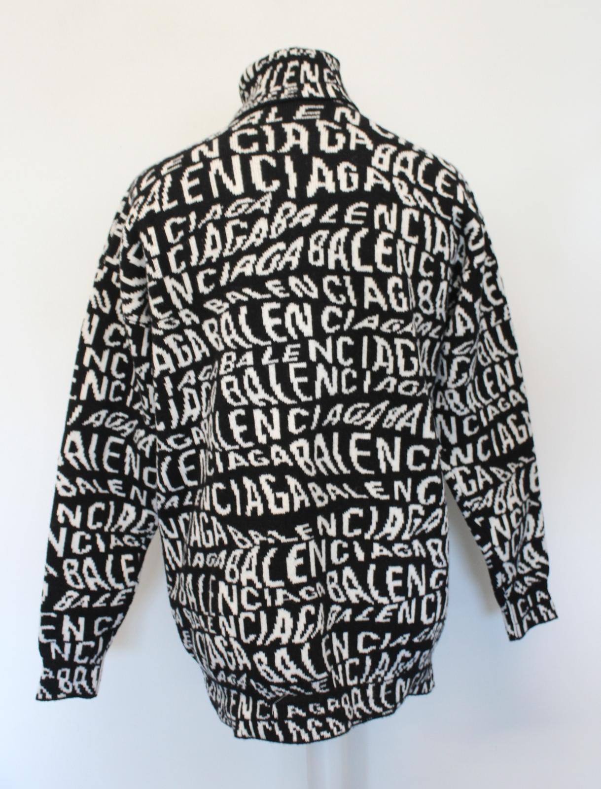 BALENCIAGA Men's Black White All Over Logo Details Turtleneck Wool Jumper S BNWT