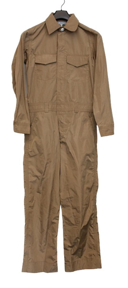 GANNI Ladies F4325 Brown Crystal Button Collared Jumpsuit EU36 UK8 W33 L26 NEW